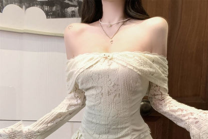 Floral Mini Lace Pencil Long-Sleeve Top Skirt Off-Shoulder / Panel Slim Rise Crop Fit High Accent