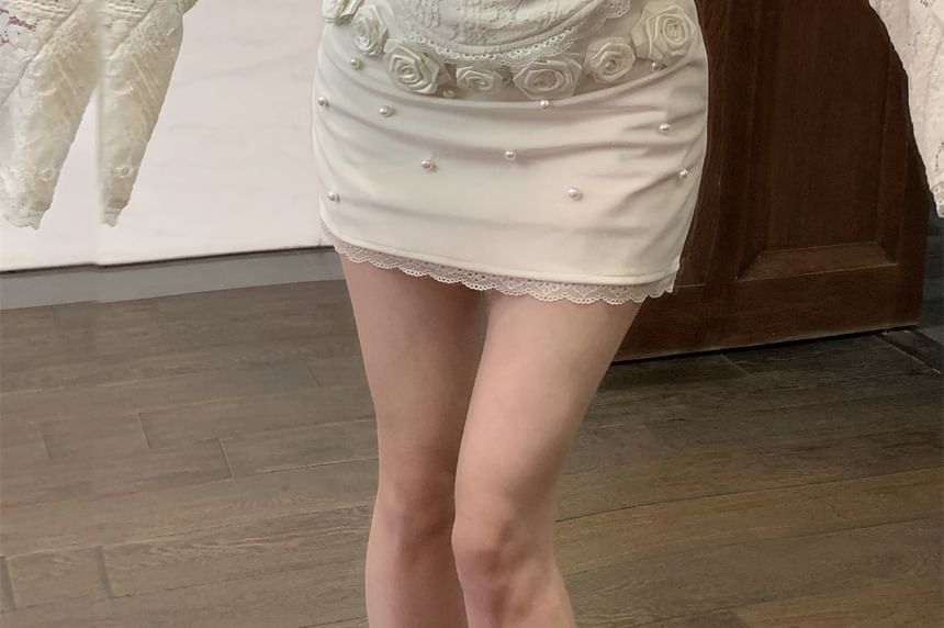 Floral Mini Lace Pencil Long-Sleeve Top Skirt Off-Shoulder / Panel Slim Rise Crop Fit High Accent