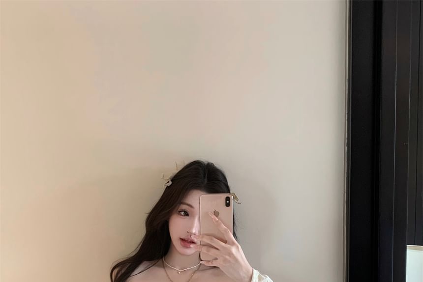 Floral Mini Lace Pencil Long-Sleeve Top Skirt Off-Shoulder / Panel Slim Rise Crop Fit High Accent