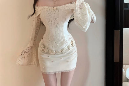 Floral Mini Lace Pencil Long-Sleeve Top Skirt Off-Shoulder / Panel Slim Rise Crop Fit High Accent