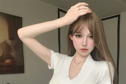 Slim Tee Fit Plain Short-Sleeve V-Neck Crop