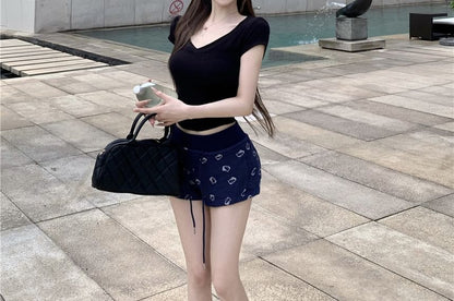 Short-Sleeve Tee V-Neck Fit Plain Slim Crop