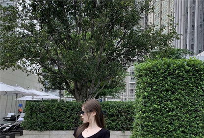 Short-Sleeve Tee V-Neck Fit Plain Slim Crop