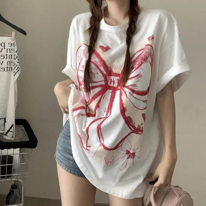 Oversized Neck Round Print T-Shirt Elbow-Sleeve Bow