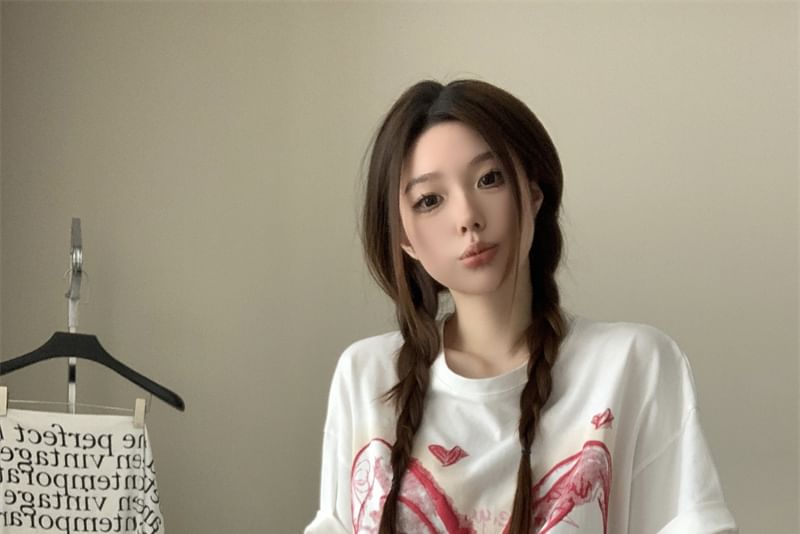 Oversized Neck Round Print T-Shirt Elbow-Sleeve Bow