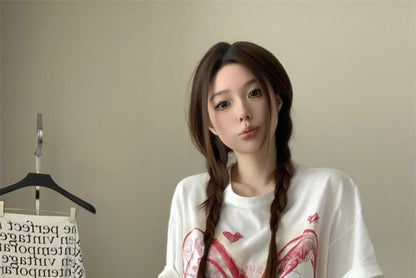 Oversized Neck Round Print T-Shirt Elbow-Sleeve Bow