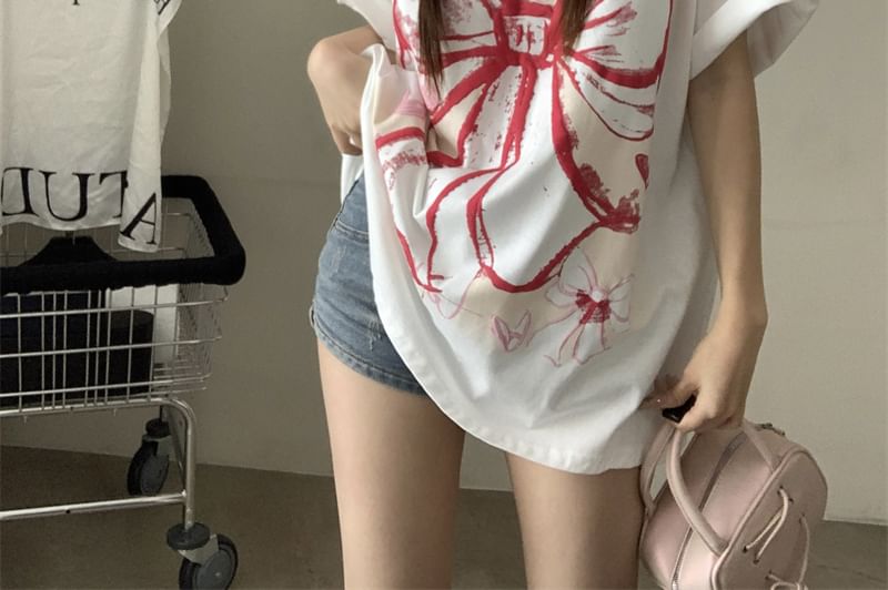 Oversized Neck Round Print T-Shirt Elbow-Sleeve Bow