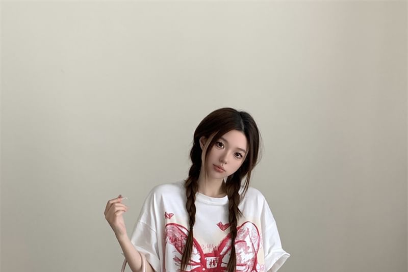 Oversized Neck Round Print T-Shirt Elbow-Sleeve Bow