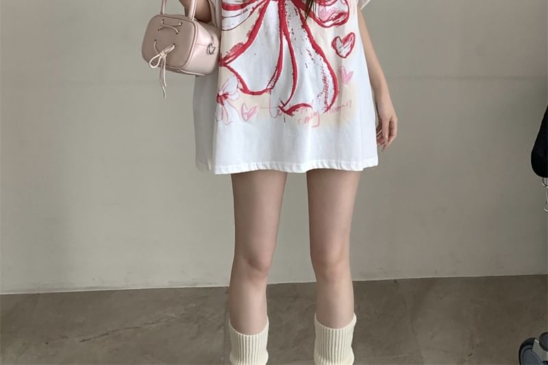 Oversized Neck Round Print T-Shirt Elbow-Sleeve Bow