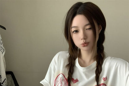 Oversized Neck Round Print T-Shirt Elbow-Sleeve Bow