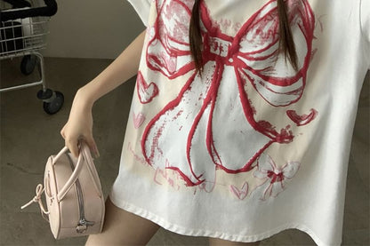 Oversized Neck Round Print T-Shirt Elbow-Sleeve Bow