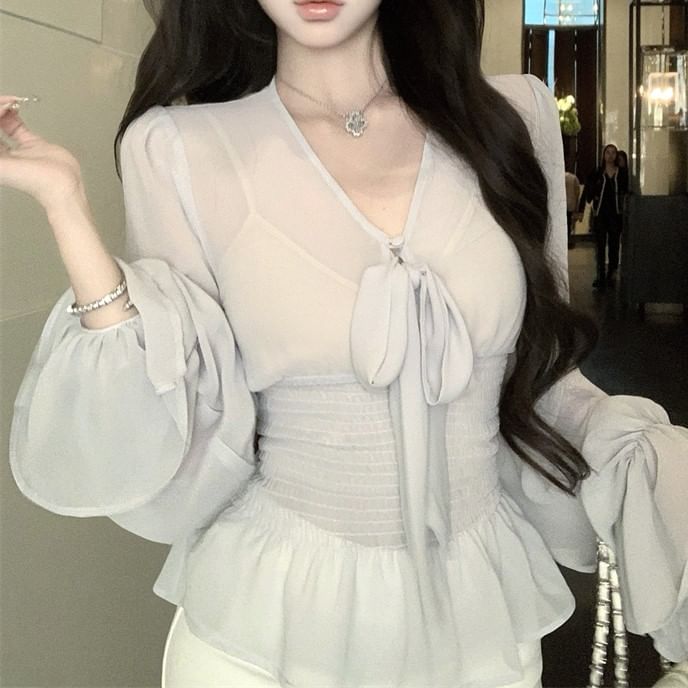 Sleeve Bow Long Peplum Top Plain + Blouse V-Neck Set: Camisole