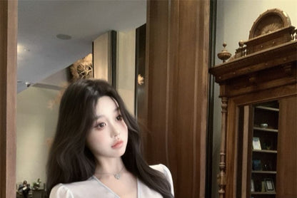 Sleeve Bow Long Peplum Top Plain + Blouse V-Neck Set: Camisole