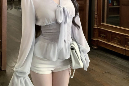 Sleeve Bow Long Peplum Top Plain + Blouse V-Neck Set: Camisole