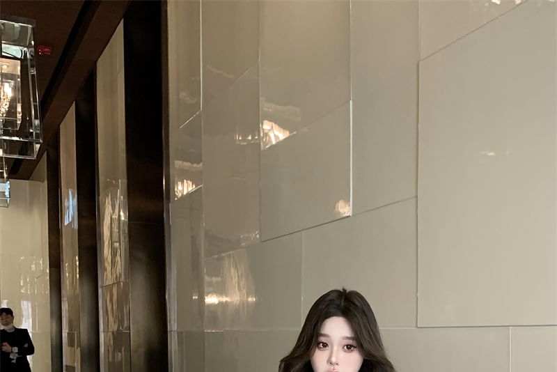 Sleeve Bow Long Peplum Top Plain + Blouse V-Neck Set: Camisole