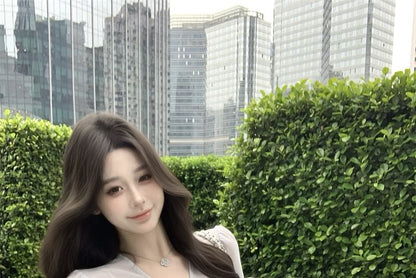 Sleeve Bow Long Peplum Top Plain + Blouse V-Neck Set: Camisole