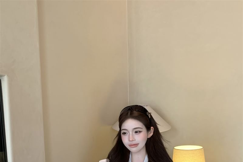 / Tie High Mini Sleeve Plain Satin Pencil Neck Rise Long Blouse Skirt