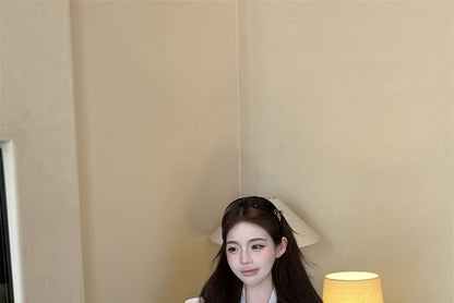 / Tie High Mini Sleeve Plain Satin Pencil Neck Rise Long Blouse Skirt