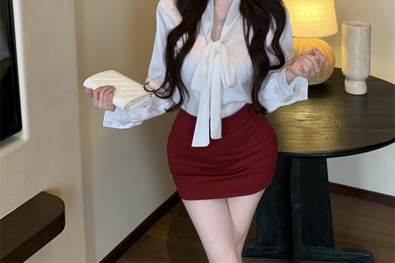 / Tie High Mini Sleeve Plain Satin Pencil Neck Rise Long Blouse Skirt