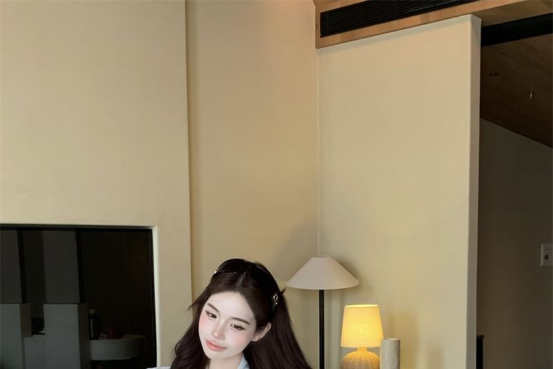 / Tie High Mini Sleeve Plain Satin Pencil Neck Rise Long Blouse Skirt