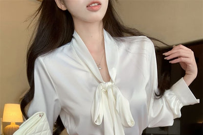 / Tie High Mini Sleeve Plain Satin Pencil Neck Rise Long Blouse Skirt