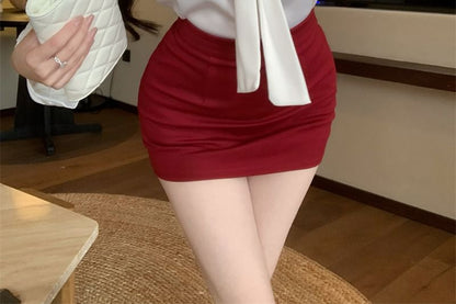 / Tie High Mini Sleeve Plain Satin Pencil Neck Rise Long Blouse Skirt