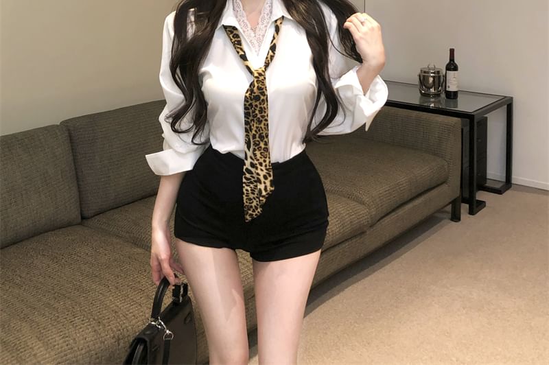 Long Panel Sleeve Lace Collared Plain Shirt