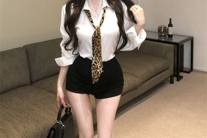 Long Panel Sleeve Lace Collared Plain Shirt