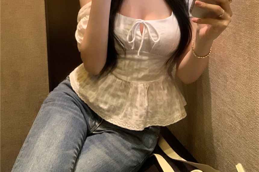 Square Neck Front Tie Sleeve Plain Peplum Blouse Short