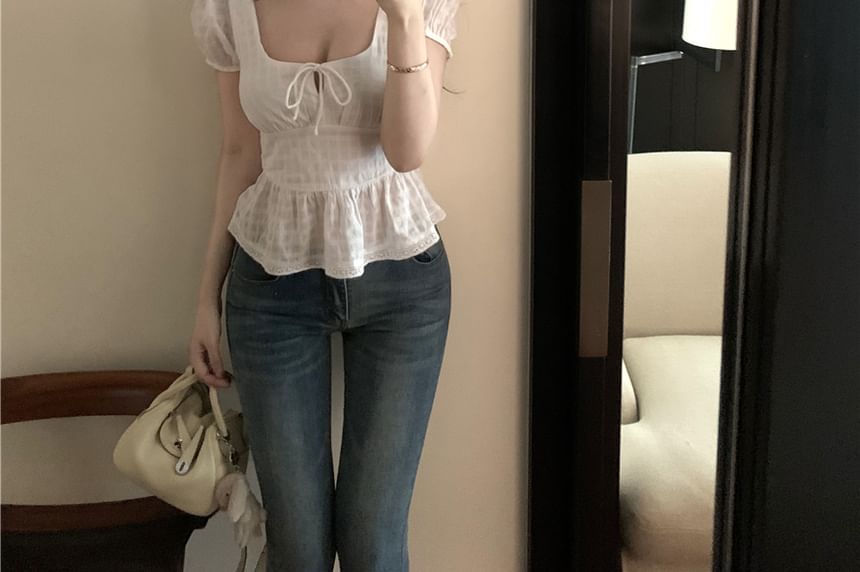 Square Neck Front Tie Sleeve Plain Peplum Blouse Short