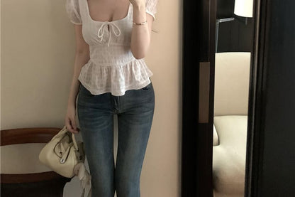 Square Neck Front Tie Sleeve Plain Peplum Blouse Short