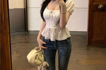 Square Neck Front Tie Sleeve Plain Peplum Blouse Short