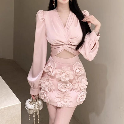 Ruched Rise Plain Blouse Floral Pencil Applique V-Neck High Mini Sleeve Long Crop Skirt /