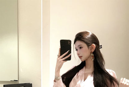 Ruched Rise Plain Blouse Floral Pencil Applique V-Neck High Mini Sleeve Long Crop Skirt /