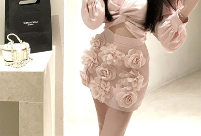 Ruched Rise Plain Blouse Floral Pencil Applique V-Neck High Mini Sleeve Long Crop Skirt /