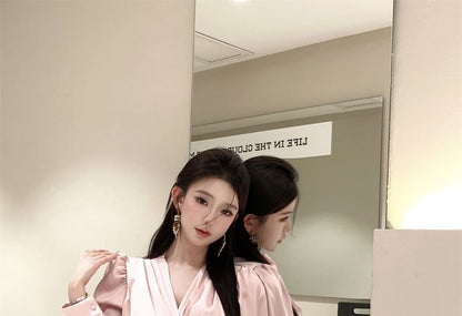 Ruched Rise Plain Blouse Floral Pencil Applique V-Neck High Mini Sleeve Long Crop Skirt /