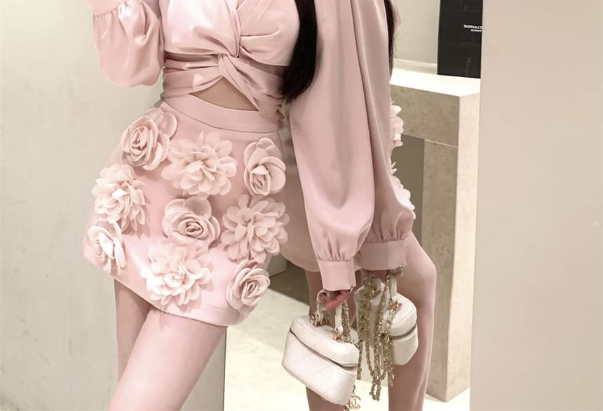 Ruched Rise Plain Blouse Floral Pencil Applique V-Neck High Mini Sleeve Long Crop Skirt /