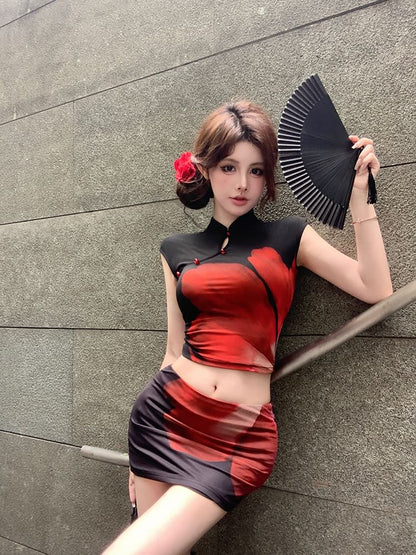 Floral Skirt Collar Sleeve Mini Top / Print Waist Crop Mandarin Mid Pencil Cap