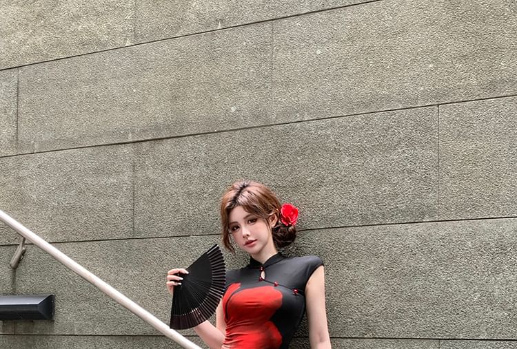 Floral Skirt Collar Sleeve Mini Top / Print Waist Crop Mandarin Mid Pencil Cap