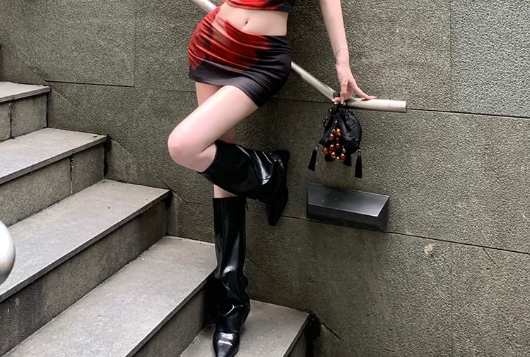 Floral Skirt Collar Sleeve Mini Top / Print Waist Crop Mandarin Mid Pencil Cap