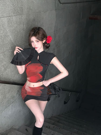 Floral Skirt Collar Sleeve Mini Top / Print Waist Crop Mandarin Mid Pencil Cap