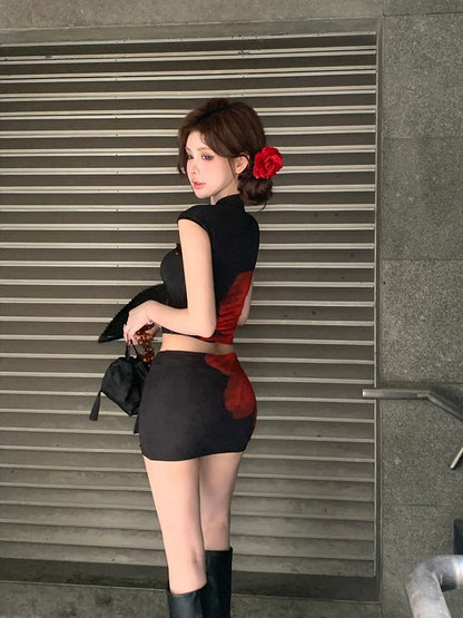 Floral Skirt Collar Sleeve Mini Top / Print Waist Crop Mandarin Mid Pencil Cap