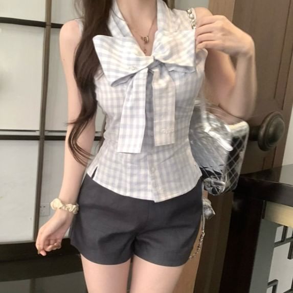 Top Ribbon Dotted Sleeveless Neck