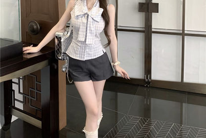 Top Ribbon Dotted Sleeveless Neck