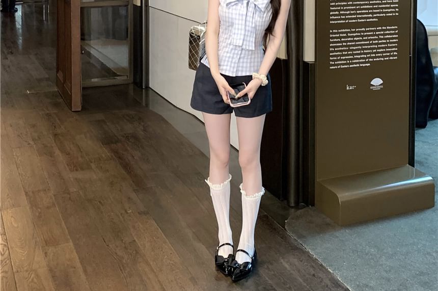 Top Ribbon Dotted Sleeveless Neck