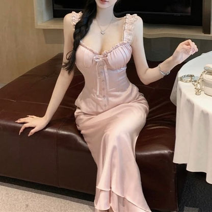 High Top Trim / Frill Maxi Skirt Waist Fishtail Sleeveless Plain