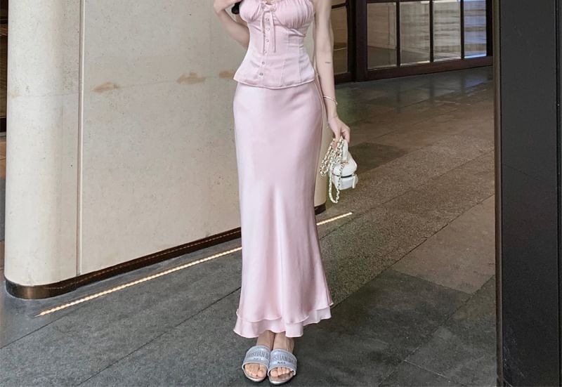 High Top Trim / Frill Maxi Skirt Waist Fishtail Sleeveless Plain