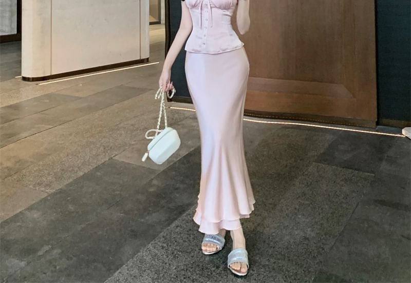 High Top Trim / Frill Maxi Skirt Waist Fishtail Sleeveless Plain