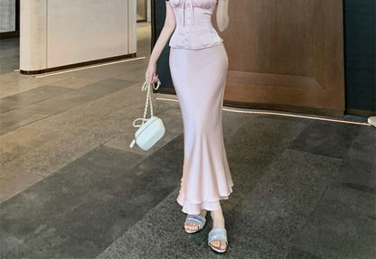 High Top Trim / Frill Maxi Skirt Waist Fishtail Sleeveless Plain
