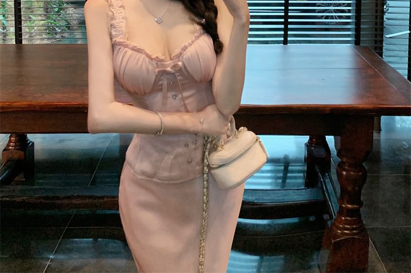 High Top Trim / Frill Maxi Skirt Waist Fishtail Sleeveless Plain